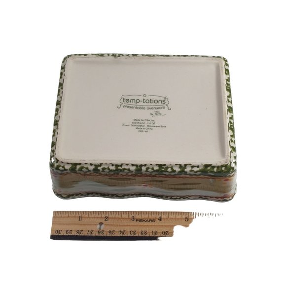 Temp Tations 1 Quart Old World Green Baking Dish Glass Plate Stand Cover - Picture 4 of 5